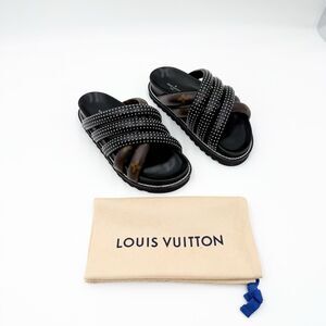 Louis Vuitton LV Sunset Flat Comfort Mule Black Studded Monogram Slide Sandals